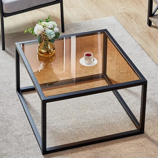 Brown Square Glass Coffee Table with Metal Frame