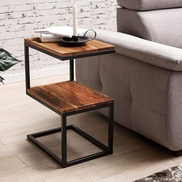 Wood & Iron S-Shape Bedside End Table — Black & Teak Finish