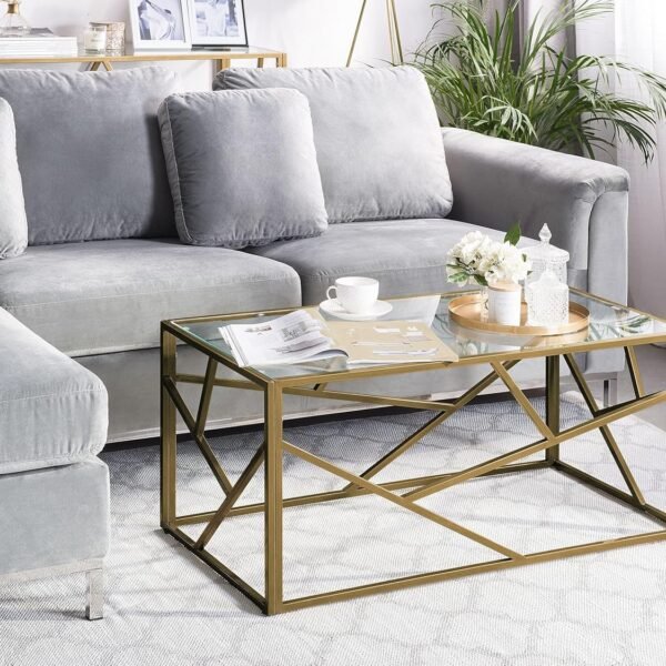 Orland Glass Coffee Table with Metal Frame Golden 50 x 100 cm Glamour Coffee Table Rectangular Living Room Table