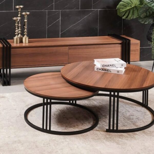 Two-in-One Round Nesting Center Table – Laminate MDF Top & Black Metal Base