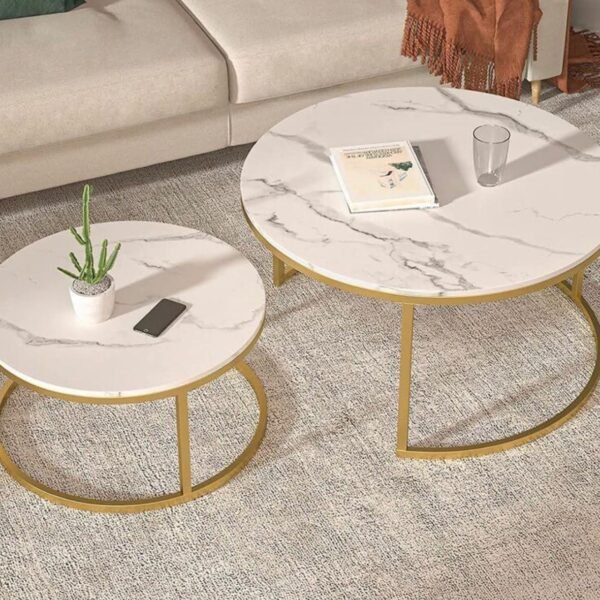 Modern 2-Piece Round Nesting Coffee Table Set – MDF Marble Finish Top with Gold Metal Frame, Space-Saving Design