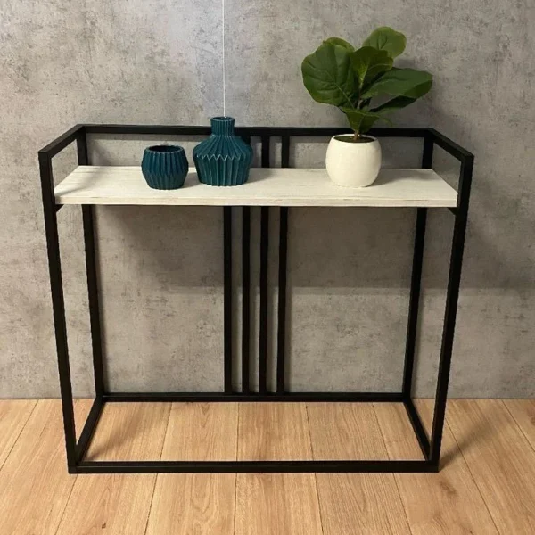 Console Table in Iron with Wooden Top – Black Powder Coated Finish