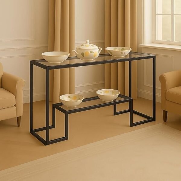 Modern Console Table with Clear Acrylic Shelves (Iron Frame, Black & Clear)